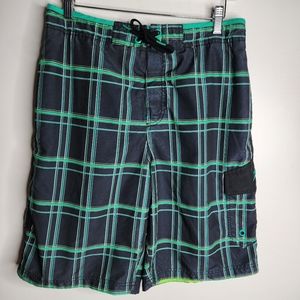 Men's Speedo Green and Black Plaid Swim Board Shorts, Size M